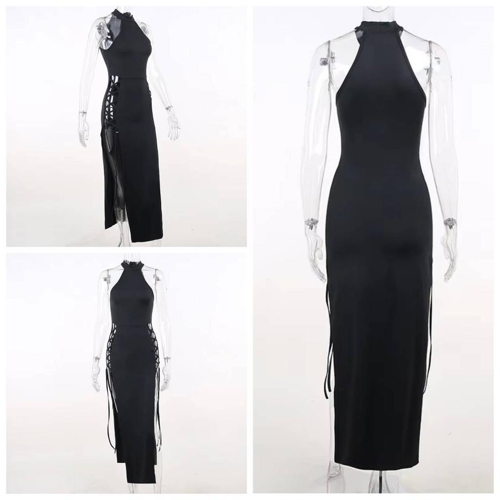 Goth Gothic Dress Cosplay High Split Sexy Bandage Women Dress Halter Slim Midi Dark Black Grunge Partywear