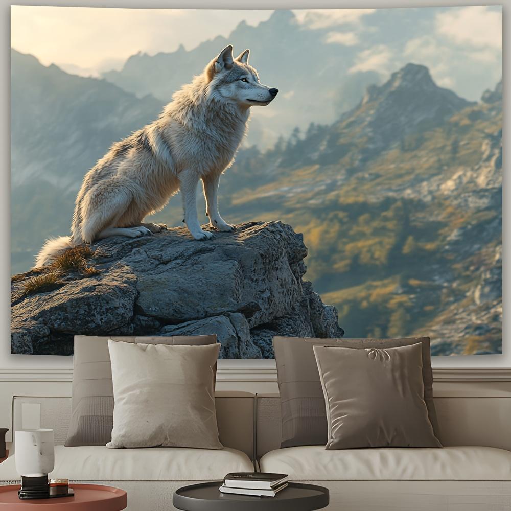 Majestic Wolf on Rocky Cliff Tapestry Perfect for Adding Nature and Adventure Style to Any Room Decor Ideal for Home Use
