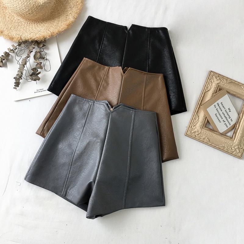 Women's High-Waist Black PU Leather Wide-Leg Shorts - Autumn/Winter 2023