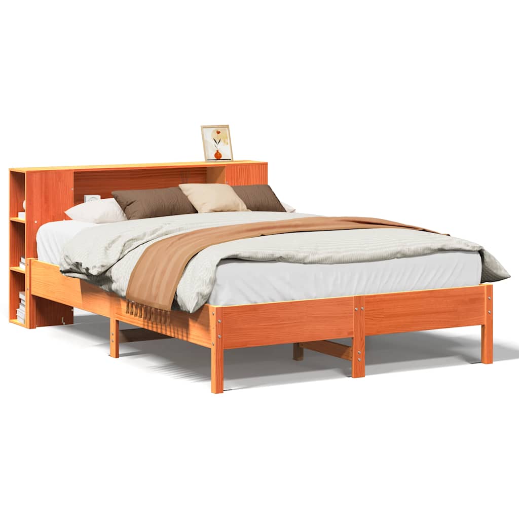 Solid Wood Bed with Shelf Without Mattress Wax Brown 140 x 190 cm