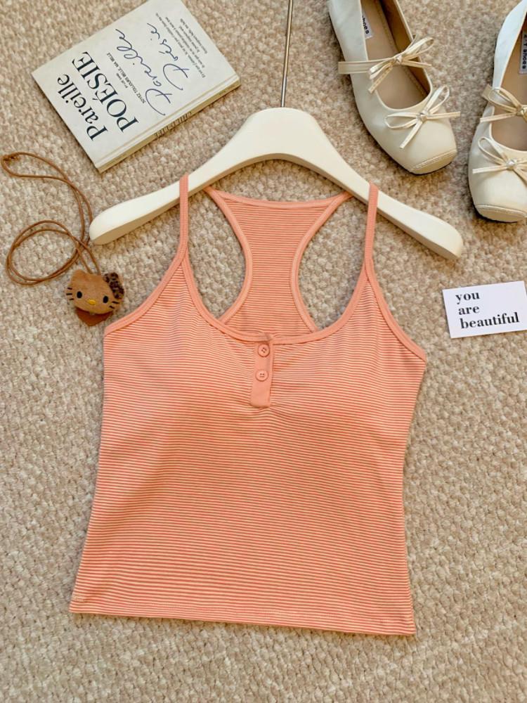 Spring/Summer Korean Slimming Striped Color Block U-Neck Backless Camisole for Women