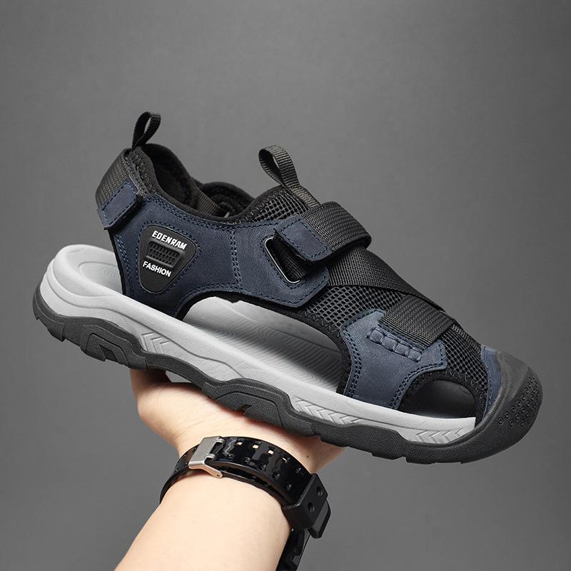 

2025 summer breathable beach shoes platform cowhide large size casual sandals trendy versatile men s middle-aged hole shoes 46 синий