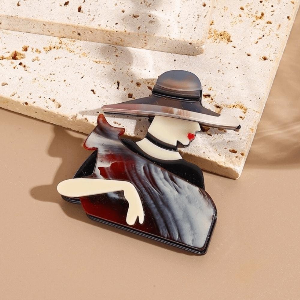 Acrylic Lady with Hat Brooch Cartoon Coat Badge Cute Women Portrait Pin  Clothing Accessories