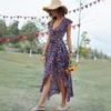 Women's Bohemian Floral Print V-Neck Tie Waist Maxi Dress Rayon Beach Vacation Flowy A-Line