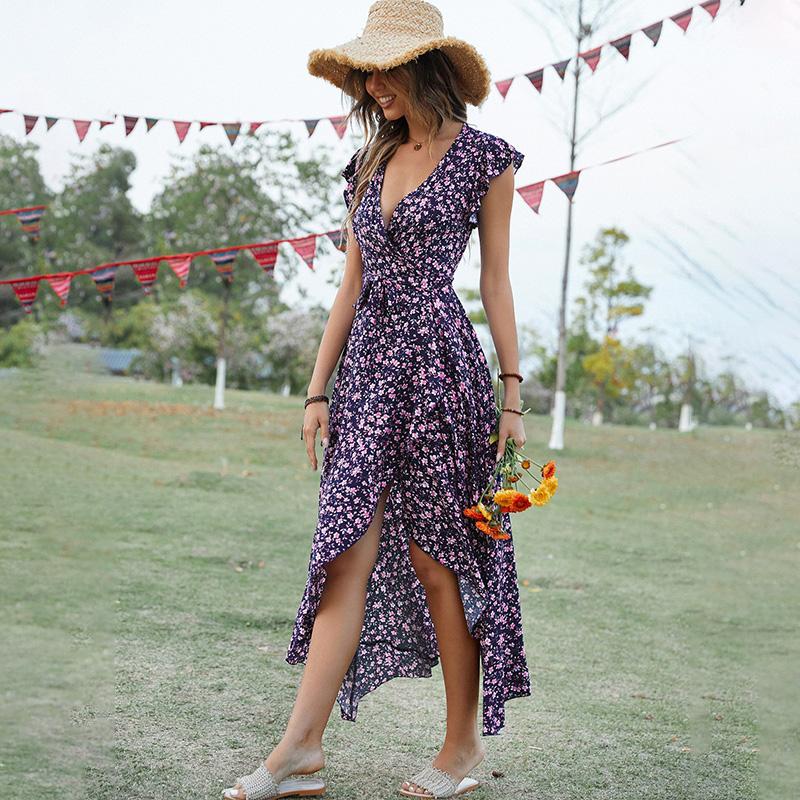 Women's Bohemian Floral Print V-Neck Tie Waist Maxi Dress Rayon Beach Vacation Flowy A-Line
