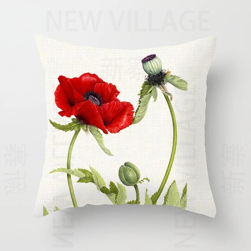 Nordic modern red flower linen pillowcase sofa cushion cover home decoration can be customized for you 40x40 50x50 60x60 45x45