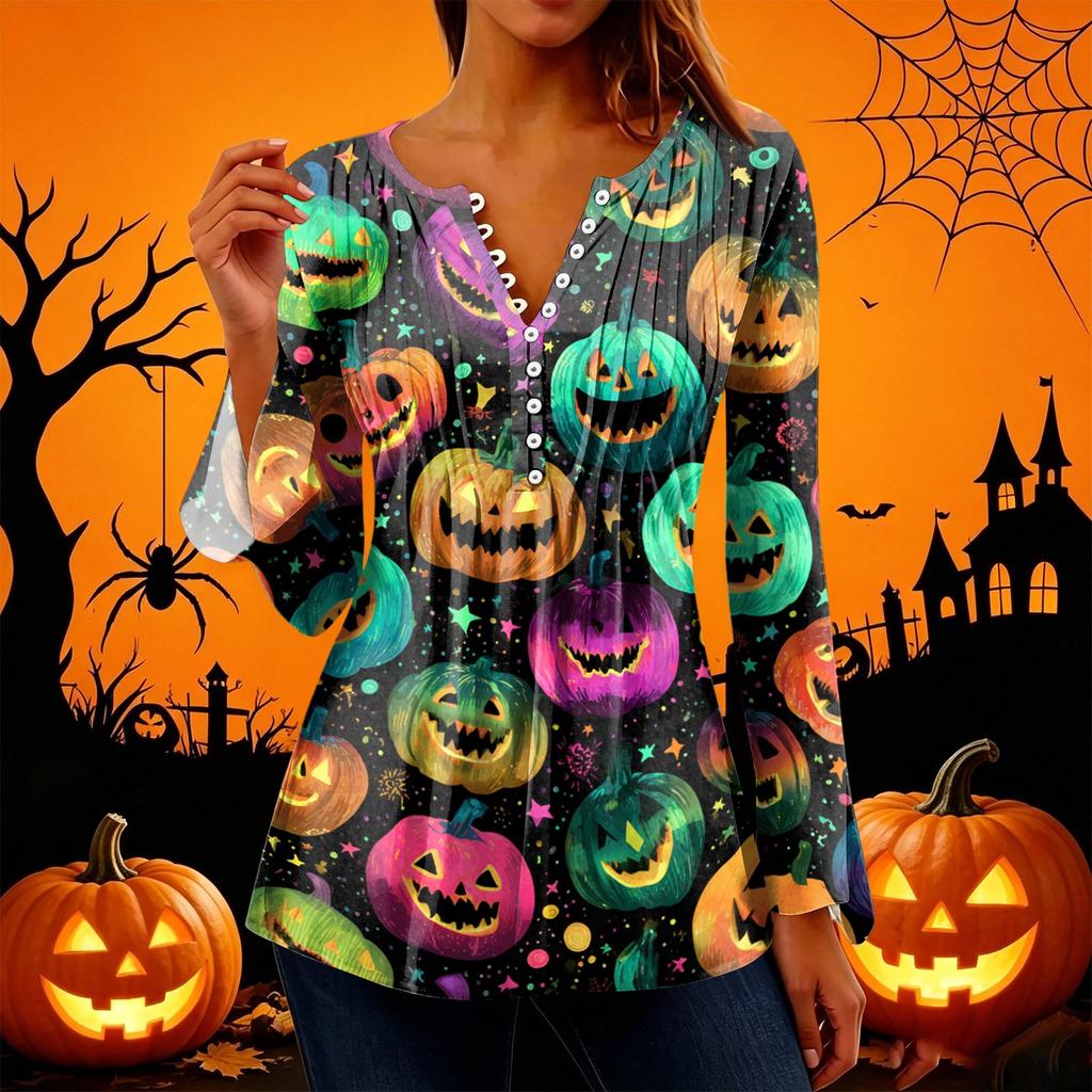 Women's Halloween Print V-Neck Long Sleeve T-Shirt with Sleeves and Pleated Button Front
