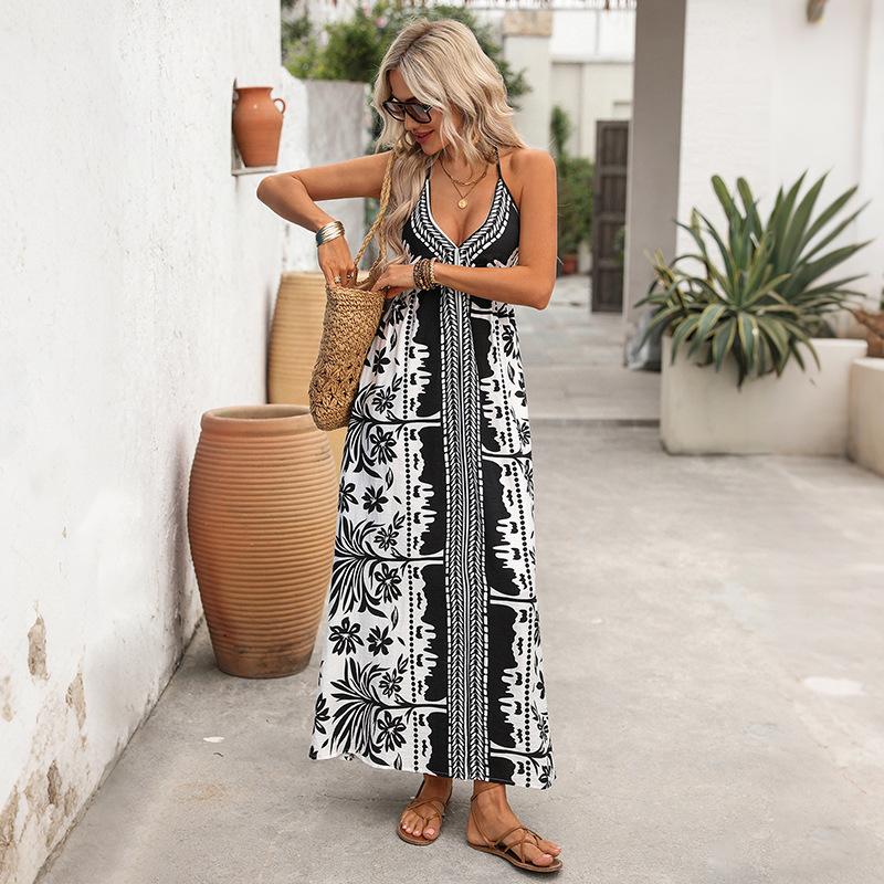 Spring and summer new holiday style suspender dress European and American ethnic bohemian long dress women
