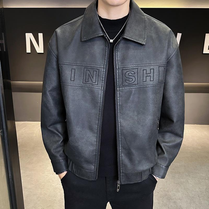 New simple men's leather jacket American retro pu tooling locomotive old money wind tough loose trendy leather jacket