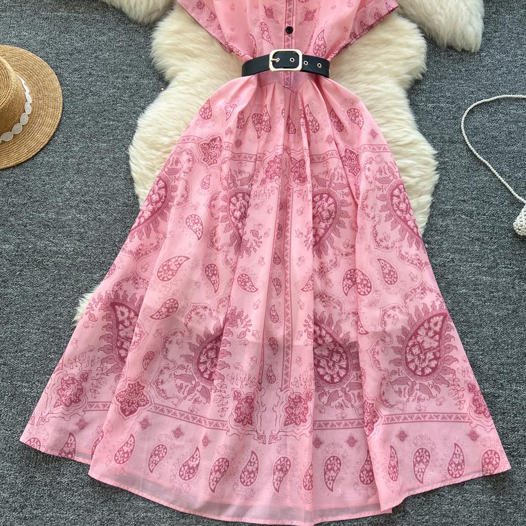 Kobiety Różowa Długa Sukienka Letnia Francuska Retro Krótki Rękaw Drukowane Sukienki Imprezowe Damskie Wąskie A-line Elegancka Długa Suknia Vestidos