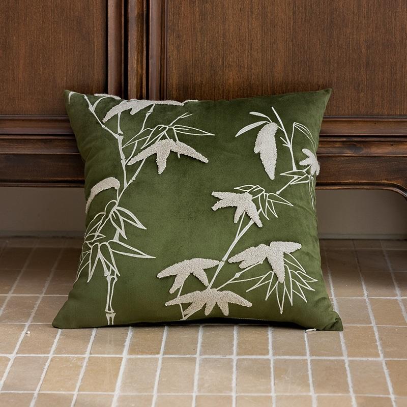 Chinese Bamboo Leaf Embroidered Pillow Cover Modern Luxury Sofa Cushion Cover Bedside Soft Pillowcase Decorative Pillowcase 45 x 45cm