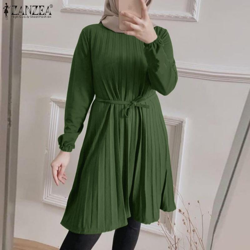 

ZANZEA Женская повседневная плиссированная блузка с круглым вырезом и длинными рукавами