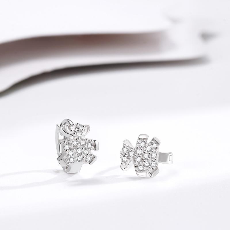 Korean Style S925 Sterling Silver Little Bear Earrings with Inlaid Diamonds - Cute Ear Studs Gift for Women 925 Silver
