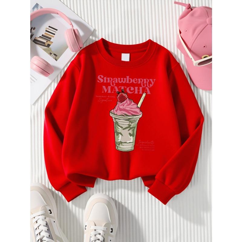 European Sizes Girls' Long-Sleeve Round Neck Sweatshirt "Strawberry Matcha" Print, Spring/Autumn, Casual, Daily & Sports.