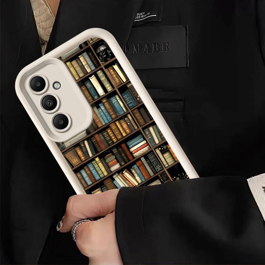 Coque de téléphone pour Samsung Galaxy A16 A34 A12 A14 A32 A23 A26 A56 A15 A51 A73 A53 A54 Coque souple Étagère à livres vintage Chaton