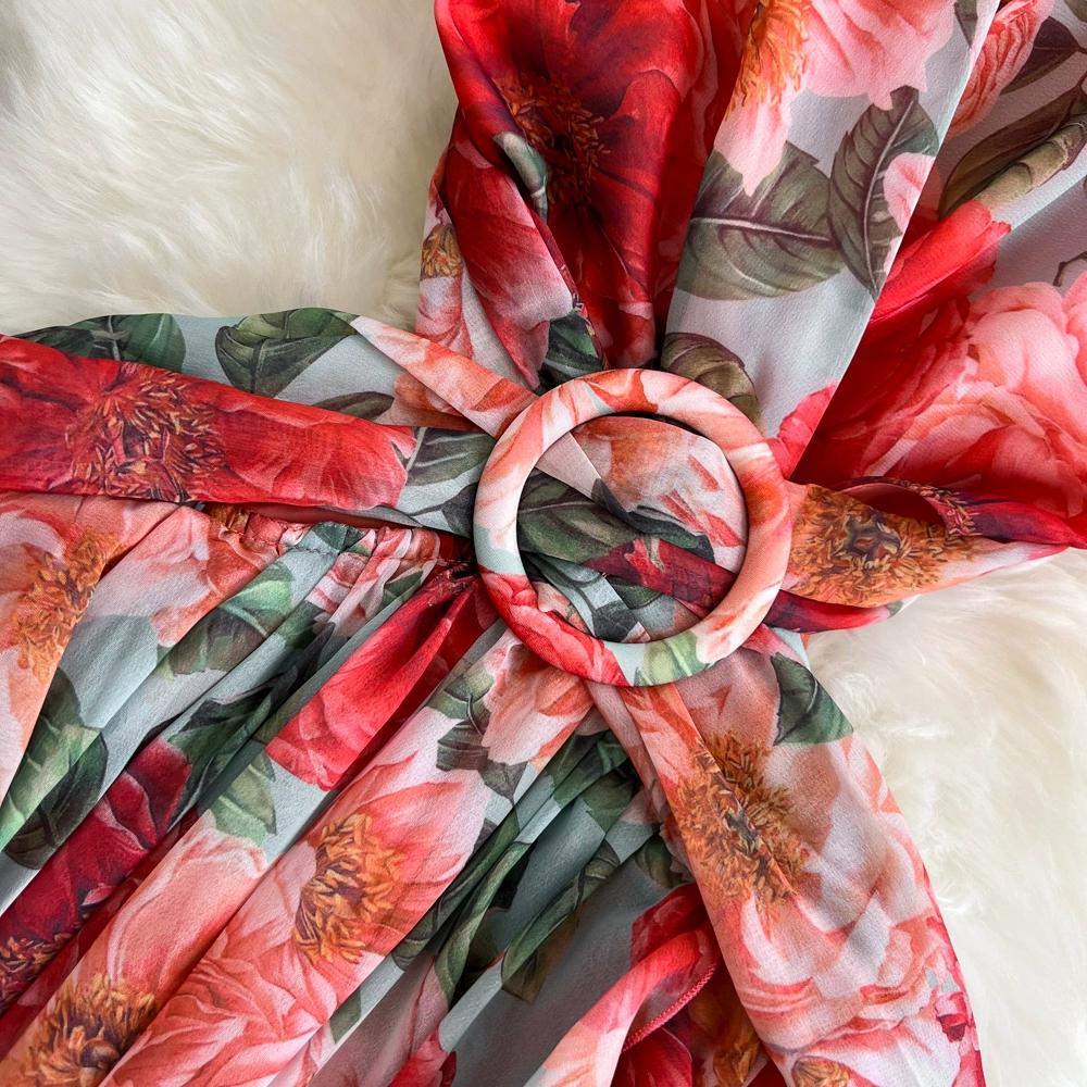 Robe longue style bohème pour femme, col en V, dos nu, taille haute, coupe trapèze, volants, imprimé, vacances en bord de mer