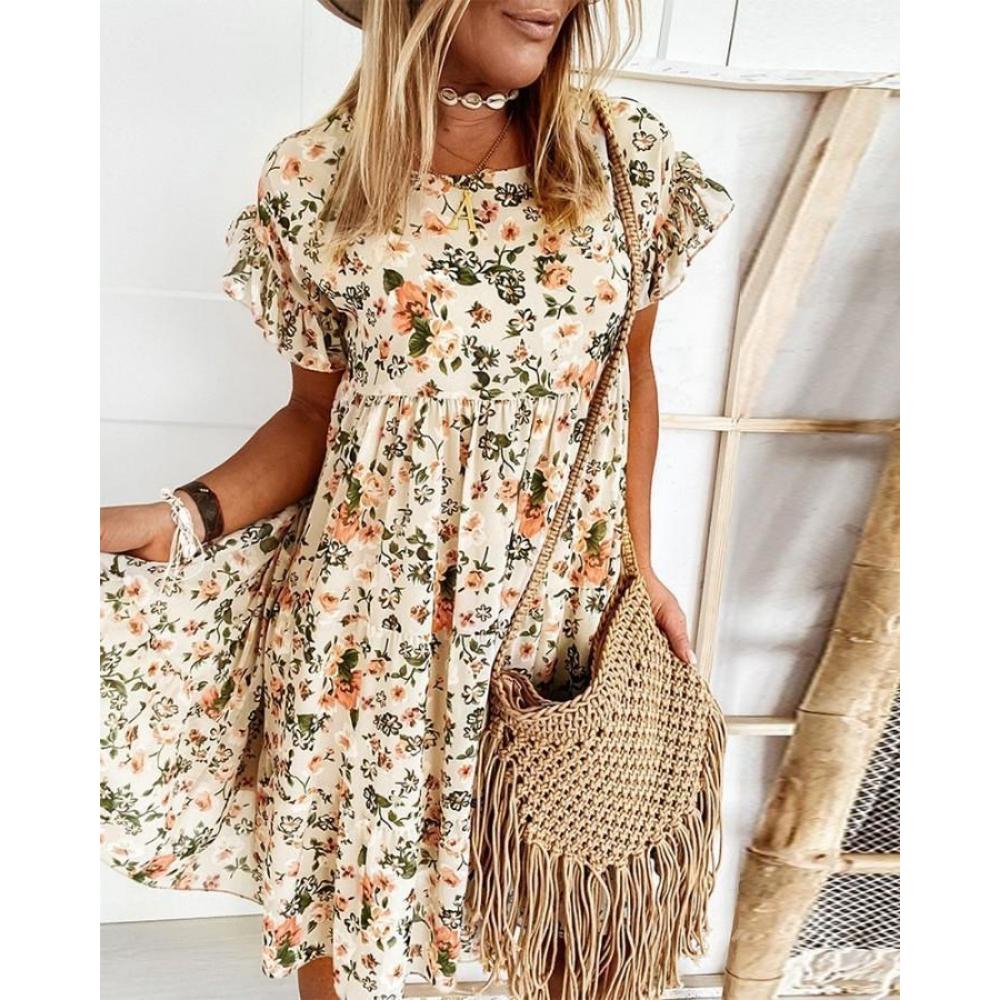 2025 Spring Summer Round Neck Flower Printed Short Sleeve Loose Dress Fashionable and Versatile Trend