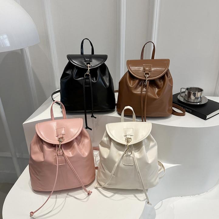Soft PU Leather Drawstring Flap Backpack, Minimalist Gold Hardware Casual Daily Travel Bucket Backpack For Women