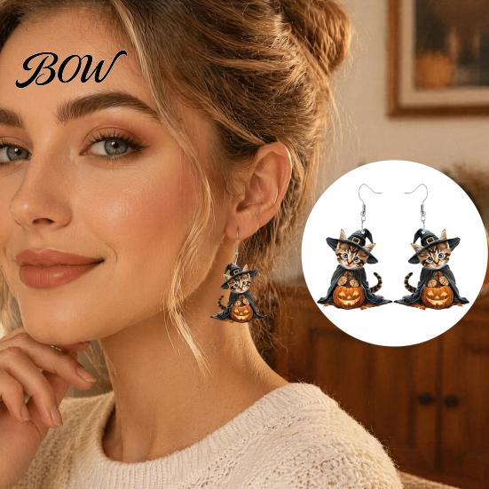 Curved Ear Hooks 1 Pair Halloween Witch Cat Earrings for Women, Acrylic Cute Hang Tag Kitten Dangle Drop with Pumpkin, Party Costume Accessories