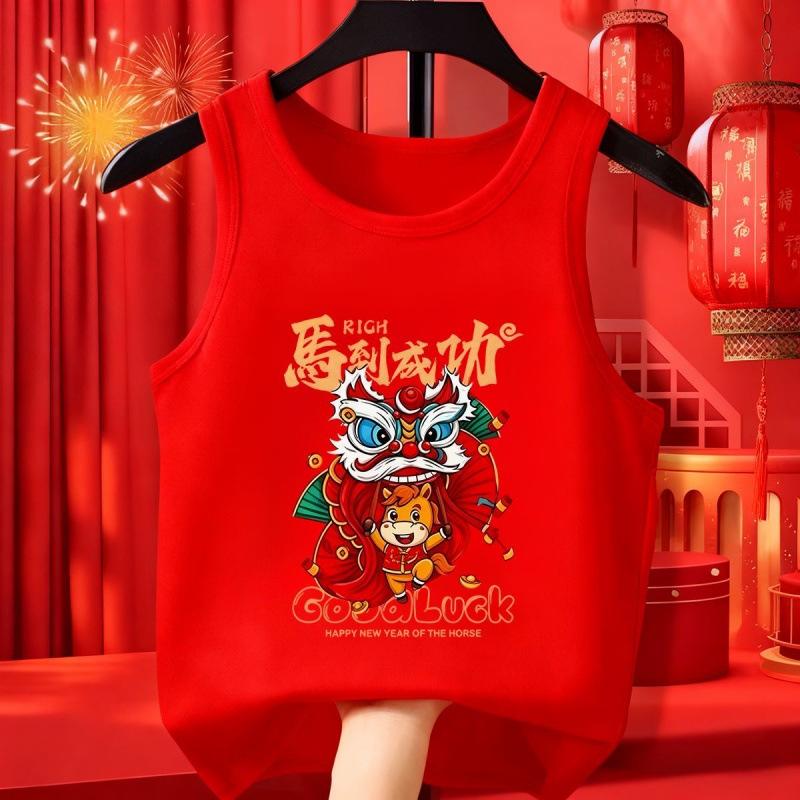 Kids Red Pure Cotton Vest for Lunar New Year Boys Girls Festive Inner Wear Baby Holiday Undershirt