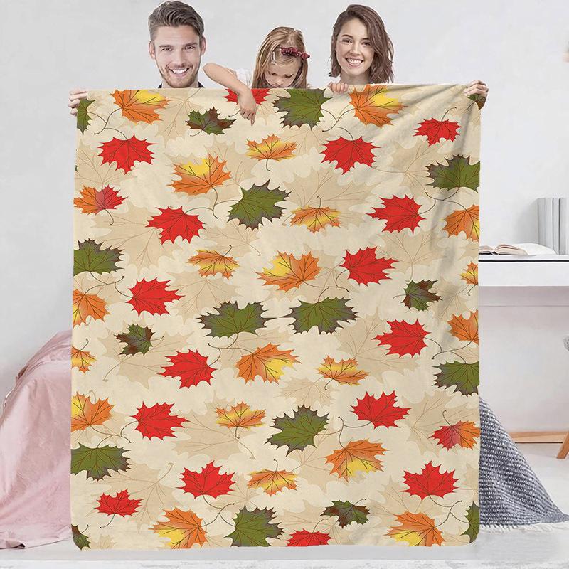 Thanksgiving Flannel Blanket - Maple Leaf & Pumpkin Design Throw for Sofa Decoration