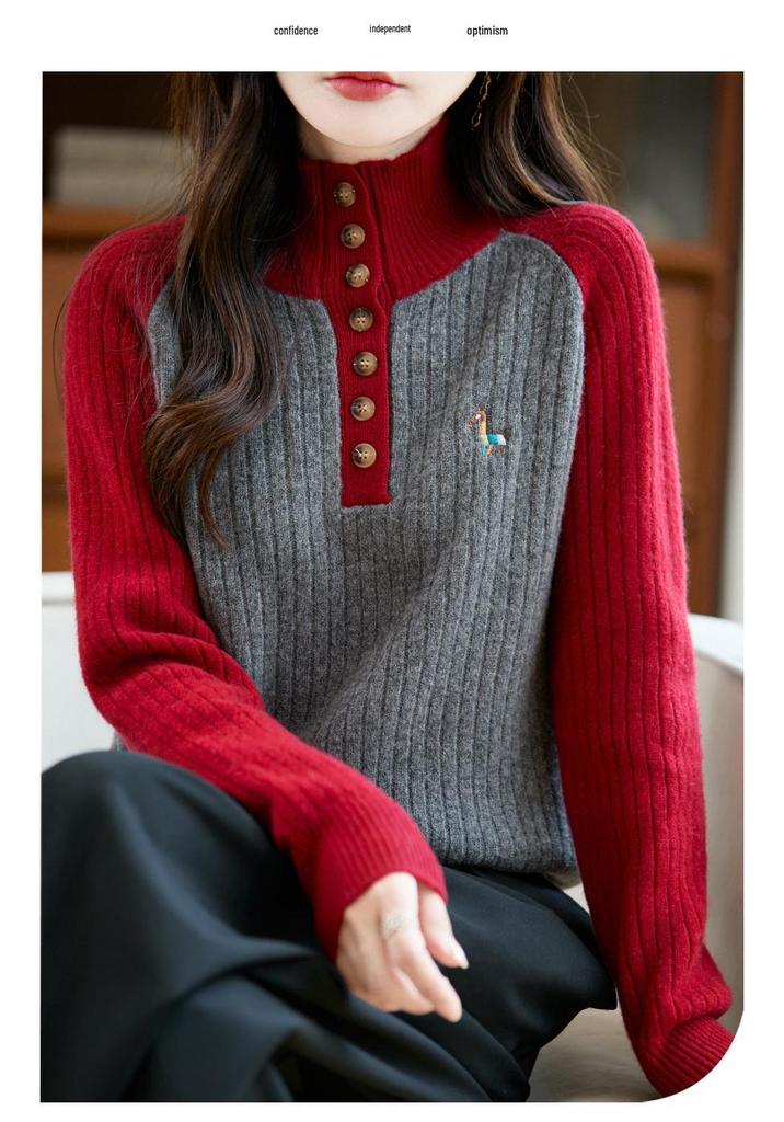 Women's Stand Collar Thick Embroidered Wool Sweater - Autumn/Winter Knitwear with Color Block and Small Horse Logo