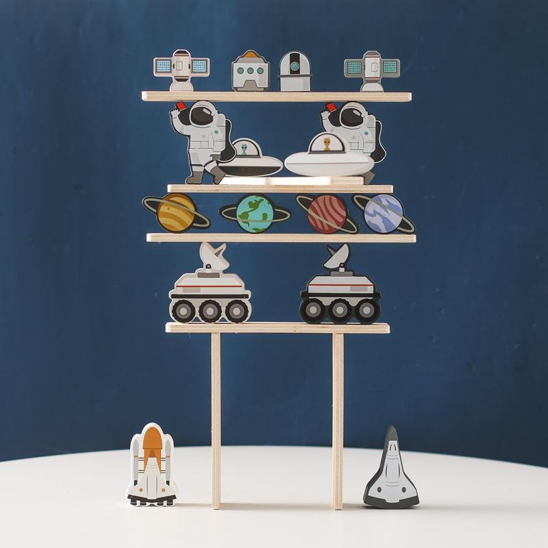 Children's Balance Ability Montessori Toy Wooden Astronaut Button Beaded Blocks Stacking Game Kids Educational Toy Gift with Box