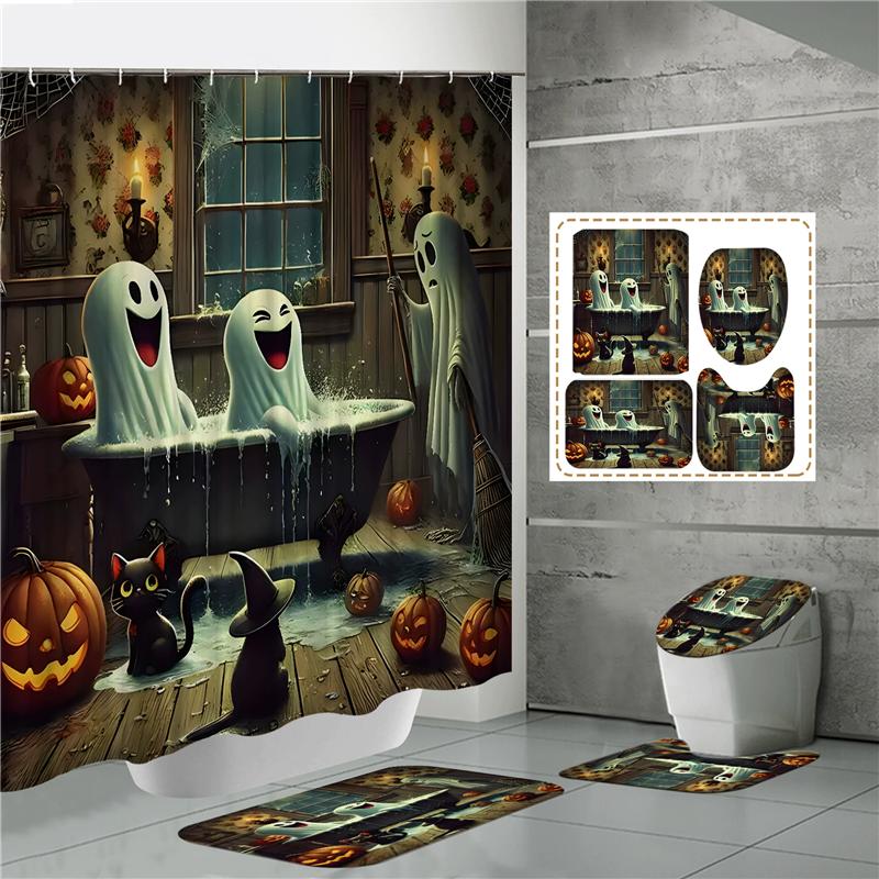 HOT Halloween Ghost Pumpkin Skull Shower Curtain Set with Non-Slip Rugs Toilet Lid Cover and Bath Mat Washable Trick or Treat