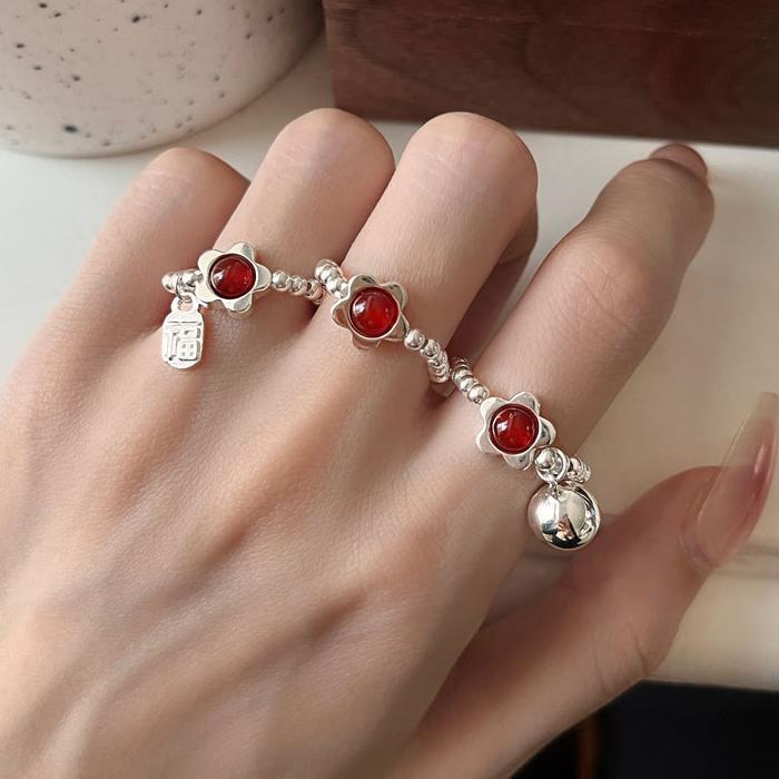 PONYKISS Sterling Silver Agate Flower Bell Bead Elastic Rope Rings for Women Cute Fine Minimalist Accessories