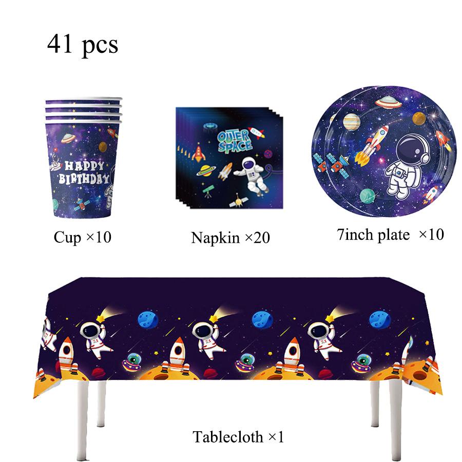 Space Astronaut Universe Spaceman Disposable Tableware Birthday Decorations Cup Plates Banners Tablecloths Outdoor Holiday Party