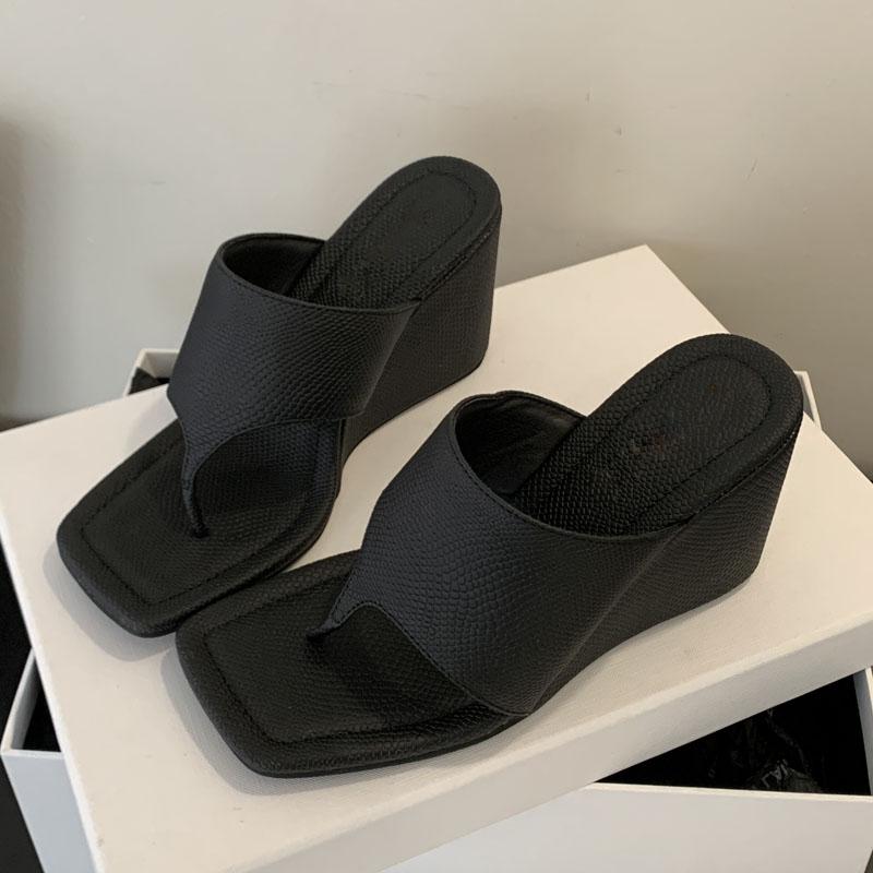 

Street Style Square Clip Toe Wedges High Heels Women Slippers Fashion Elegant Banquet Slide Summer Shoes 35 чорний