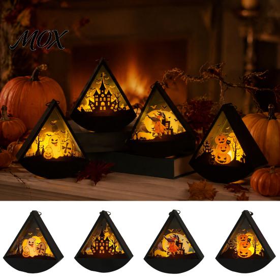 Halloween Gift for Kids Triangle LED Lantern, Tumbler Shape Night Light with Witch Ghost Paper Carving Silhouette Lights Pumpkin, Battery Operated