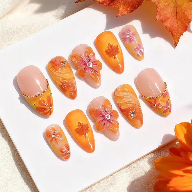 Maple Leaf Rhinestone Almond Nails (30pcs): 3D French Manicure with Wearable Glue-on Design for Autumn/Winter.