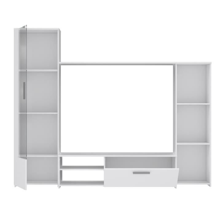 Meuble TV paroi PILVI - Particules mélaminé -Décor blanc mat - porte vitrée + 1 abattant + 5 niches - L220 x P41 x H177,5 cm