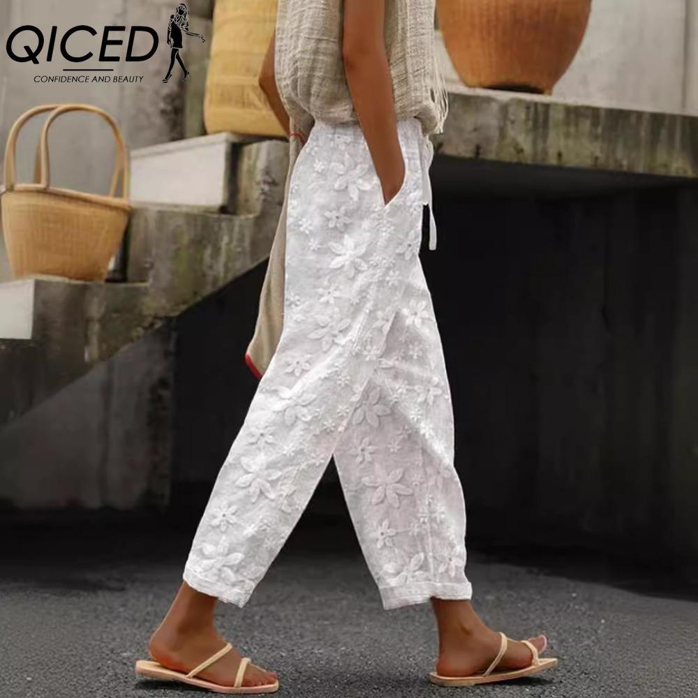 QICED Summer Women Cool Trousers Casual Loose Wide Leg Plus Size Pants Comfortable Leisure Pants