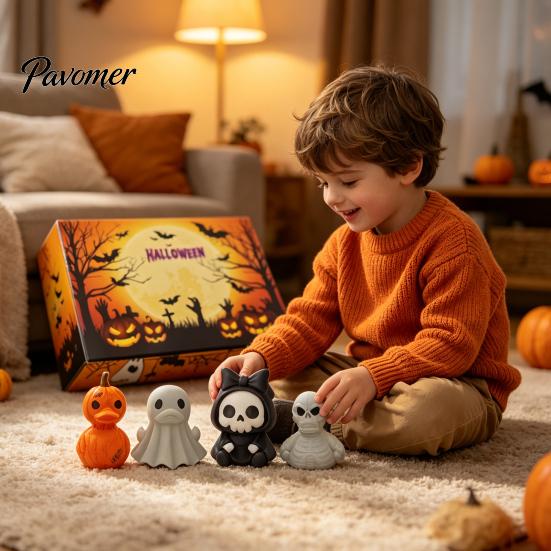 Halloween Party Table Decorations 3D Printed Figures with Gift Box, Small Flexible Fidget Toys Set, Pumpkin Bucket Stuffers Cute Grim Reaper,