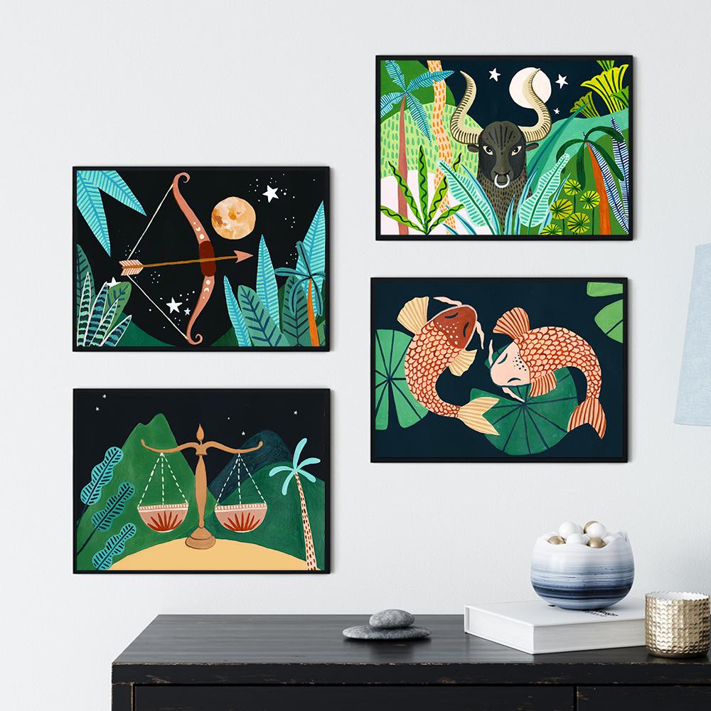 Horoscope Constellation Jungle Poster Taurus Libra Capricorn Zodiac Print Astrology Gift Canvas Painting Nursery Wall Art Decor