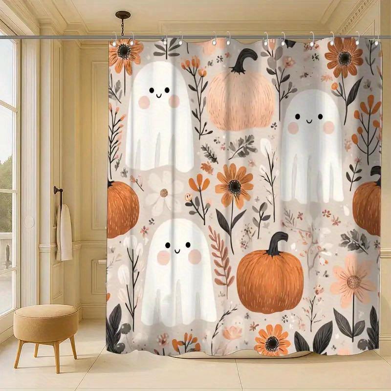 1Pc Halloween Ghost And Pumpkin Pattern Shower Curtain, Polyester Fabric, Machine Washable, Suitable For Bathroom Decoration