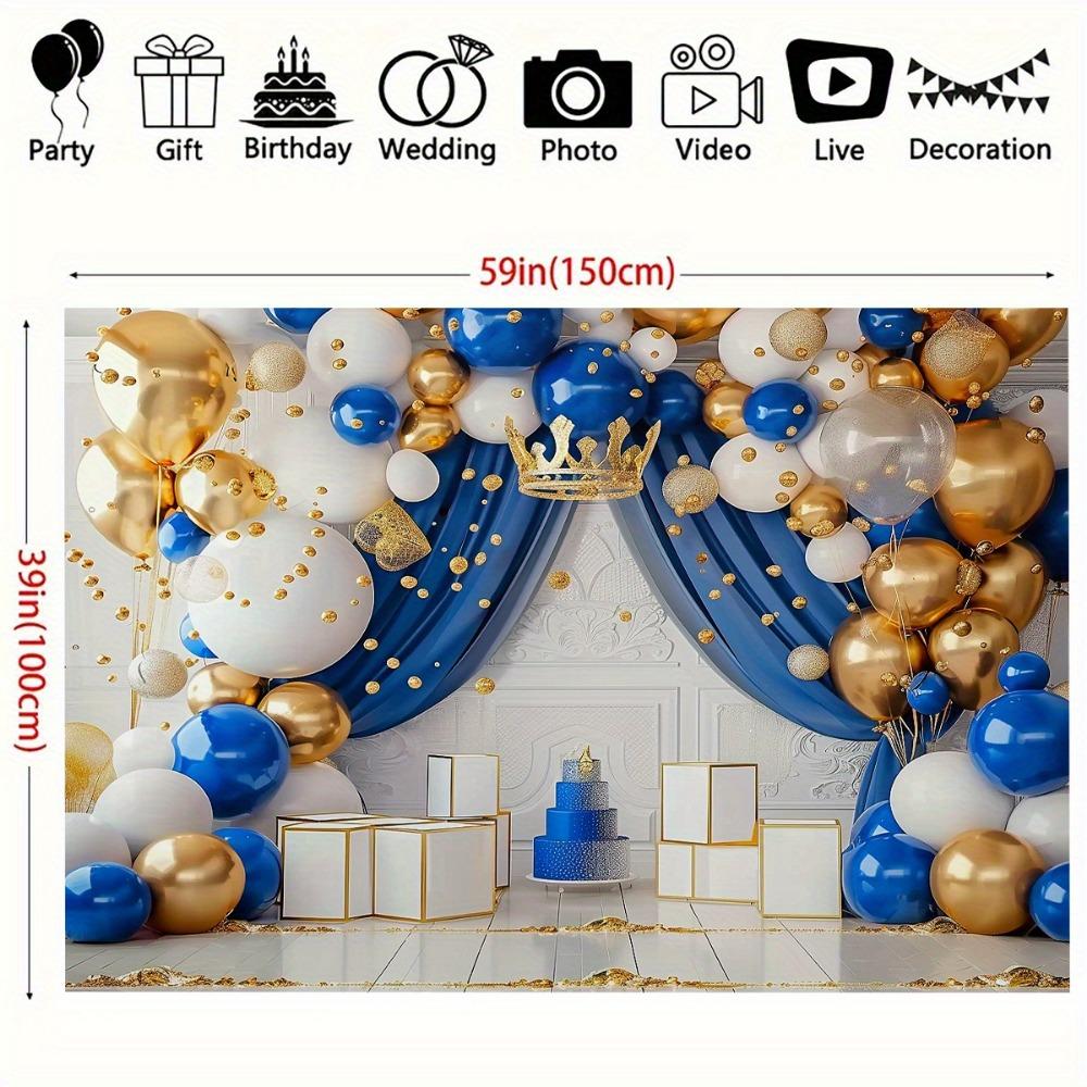 Royal Blue and Gold Crown Birthday Party Background - Multifunctional polyester banner for photography, room decoration, etc