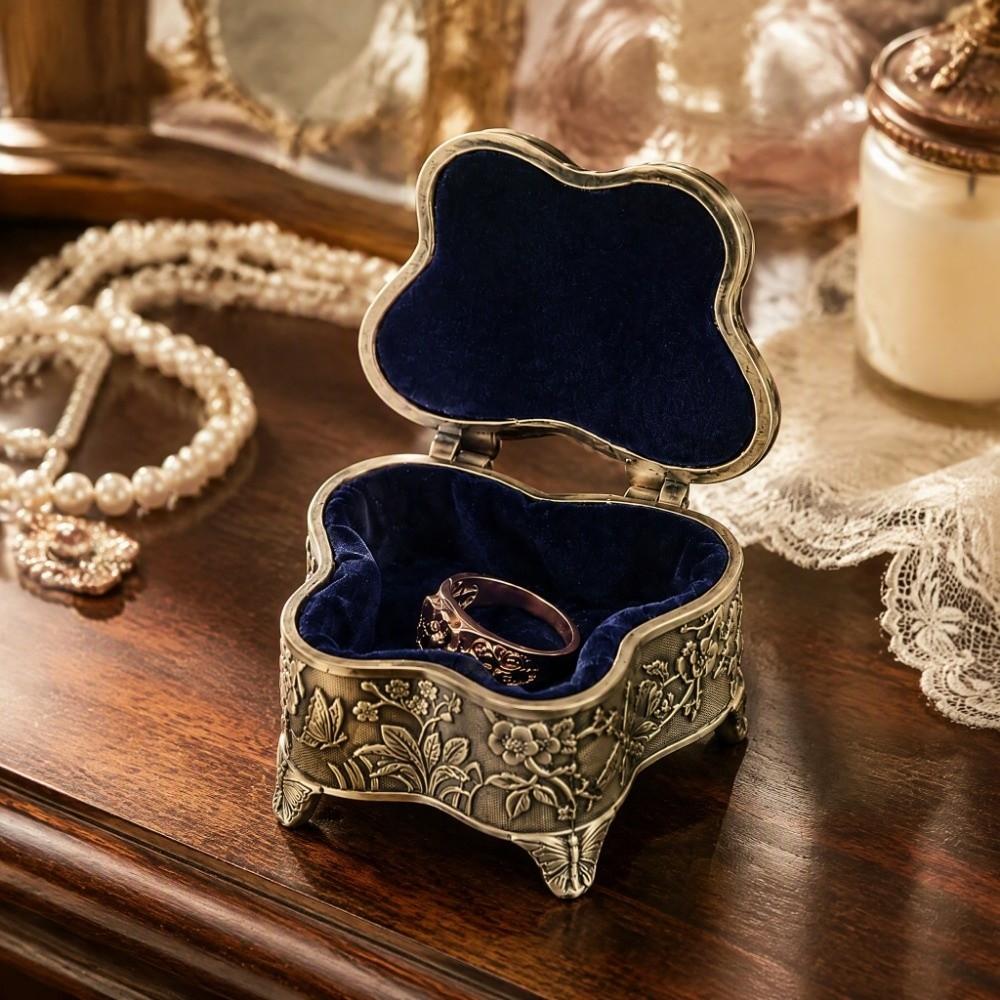 Alloy Material Vintage Jewelry Box Footed Base Stemmed Treasure Storage Case Home Decor