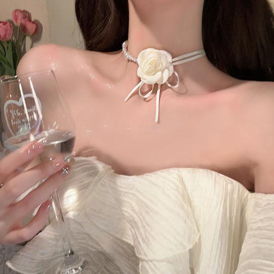 Kamelie Faux Perle Damen Halskette Vintage Französisch Hypoallergen Verstellbar Mädchen Faux Perle Blume Choker Halskette Modeschmuck