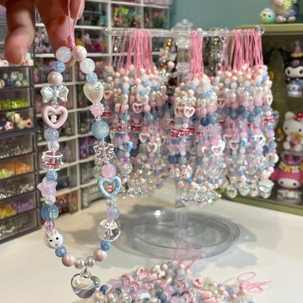Cool Girl Pink Blue Phone Strap Lanyard Cute Kawaii Bead DIY Customized Pendant Key Chain For iPhone Oppo Vivo Camera Case
