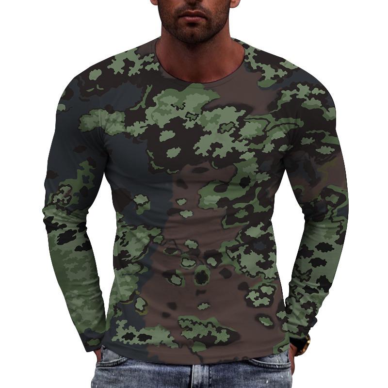 Men's Camouflage Printed Long Sleeve T-shirt European Size Casual round Neck Top Trendy Autumn Wear