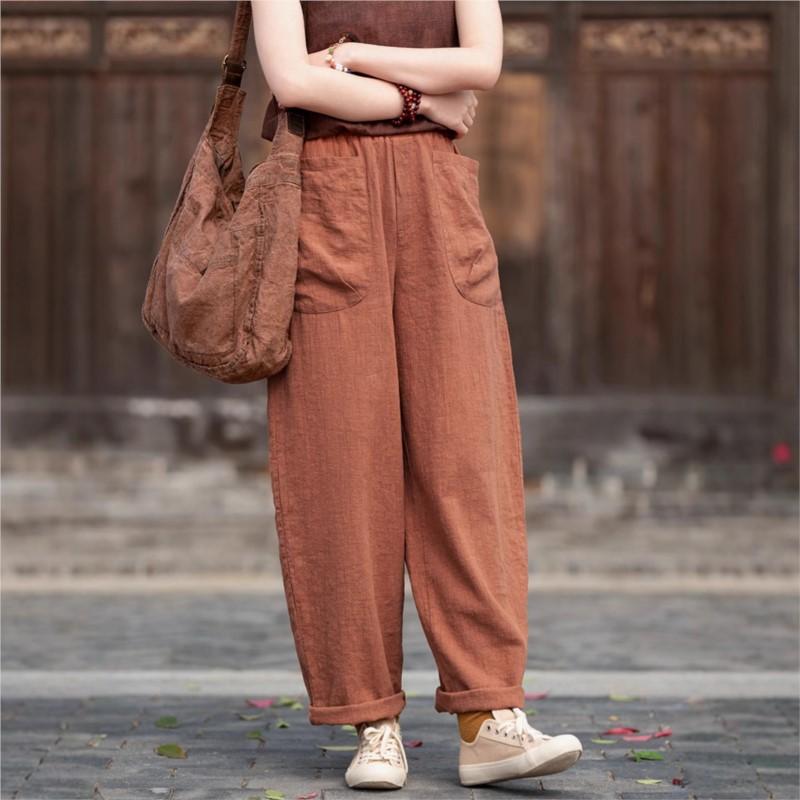 Johnature Women Vintage Harem Pants Solid Color Patchwork Pockets Trousers Elastic Waist Loose Pants