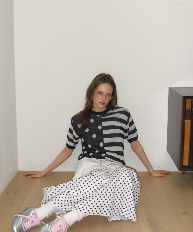 RONRON Dot Stripe Mix Half Knit Navy