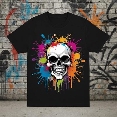 Colorful Skull T Shirt Paint Splash Skeleton Vintage Fashion Versatile Slightly Comfortable Designer Clothes Stretched