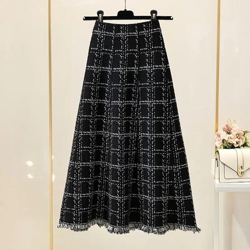 Herbst Winter Damen Freizeit Strickrock Damenmode Quasten Maxirock Koreanische Frauen Hohe Taille Karomuster Lange Röcke