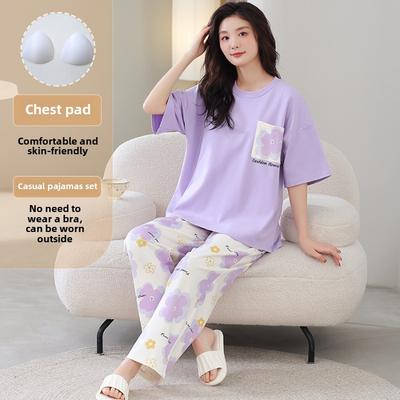 2025 Frühling Sommer Pyjama Set mit Brustpolster für Damen lila Blumenmuster Kurzarm Oberteil und lange Hose Nachtwäsche weiblich Lässige Pyjamas Homewear
