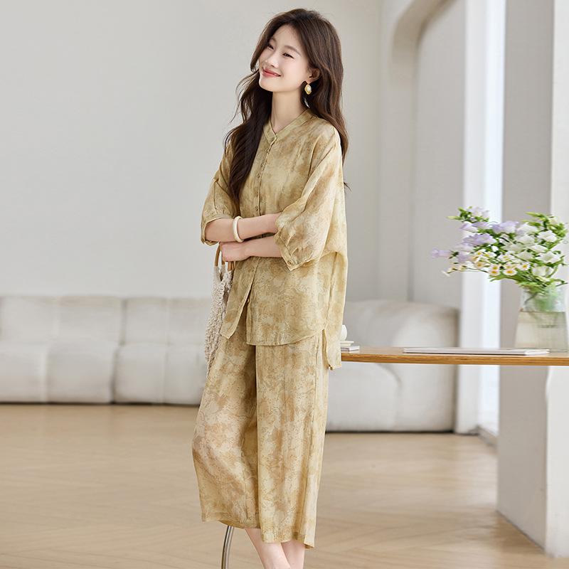 

Модный костюм женский летний новый свободный большого размера для среднего возраста, омолаживающий, с принтом, комплект из двух предметов, тонкий XXL