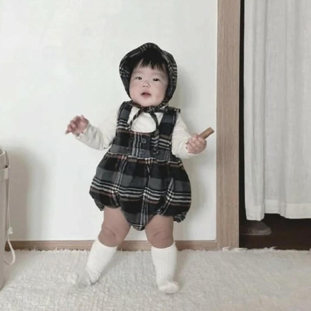 Stylish Plaid Wool Fleece-Lined Baby Girl Romper with Footie Straps